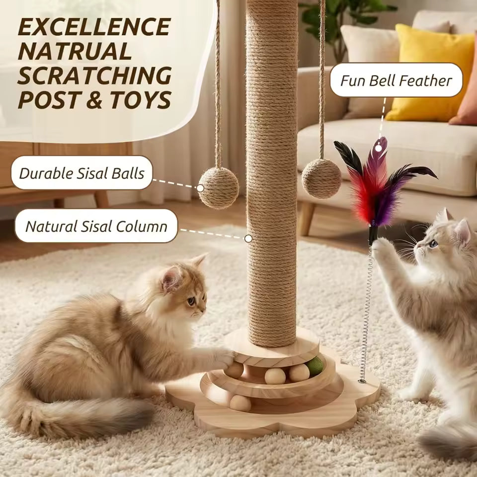 Interactive Cat Scratching Post, 2-Tier Ball Track & Teaser Stick, Sisal Scratcher to Protect Sofa for Indoor Cats, with Catnip