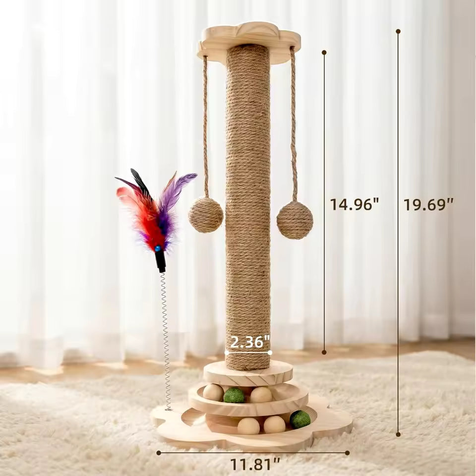 Interactive Cat Scratching Post, 2-Tier Ball Track & Teaser Stick, Sisal Scratcher to Protect Sofa for Indoor Cats, with Catnip