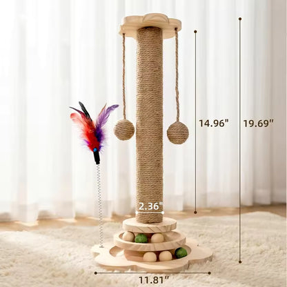 Interactive Cat Scratching Post, 2-Tier Ball Track & Teaser Stick, Sisal Scratcher to Protect Sofa for Indoor Cats, with Catnip