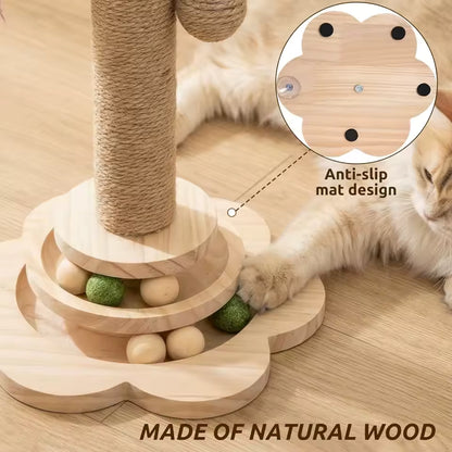 Interactive Cat Scratching Post, 2-Tier Ball Track & Teaser Stick, Sisal Scratcher to Protect Sofa for Indoor Cats, with Catnip