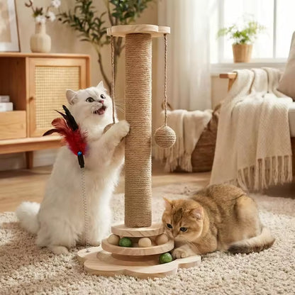 Interactive Cat Scratching Post, 2-Tier Ball Track & Teaser Stick, Sisal Scratcher to Protect Sofa for Indoor Cats, with Catnip
