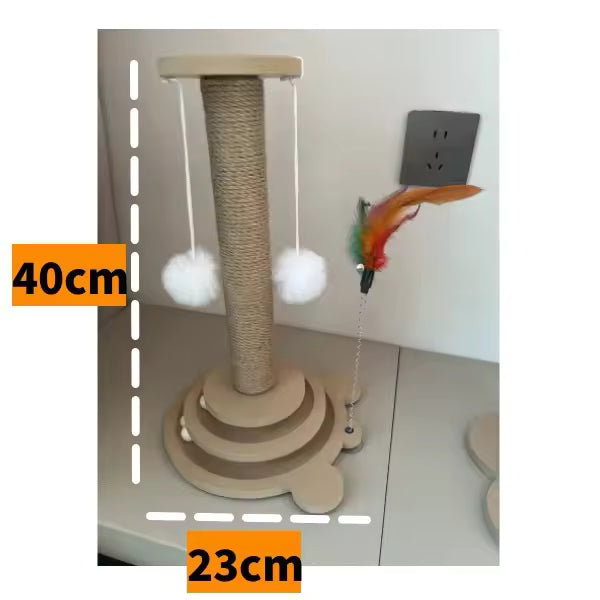 Interactive Cat Scratching Post, 2-Tier Ball Track & Teaser Stick, Sisal Scratcher to Protect Sofa for Indoor Cats, with Catnip