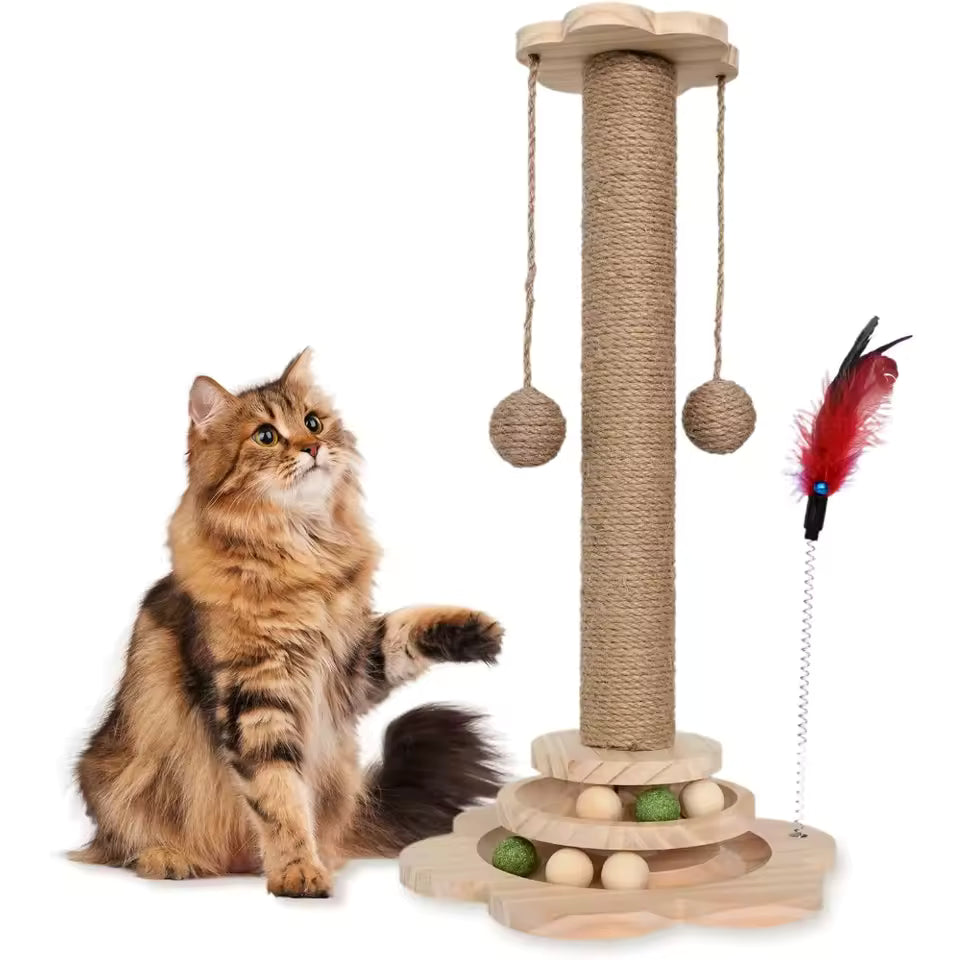 Interactive Cat Scratching Post, 2-Tier Ball Track & Teaser Stick, Sisal Scratcher to Protect Sofa for Indoor Cats, with Catnip